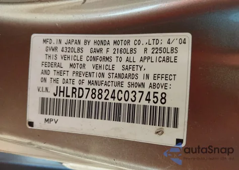 2004 Honda Cr-V Ex z USA, uszkodzony, nr VIN JHLRD78824C037458
